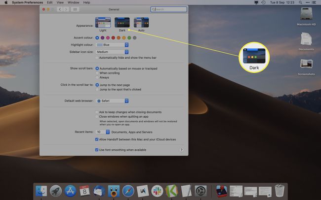 暗い外観が強調表示されたMacOSシステム環境設定