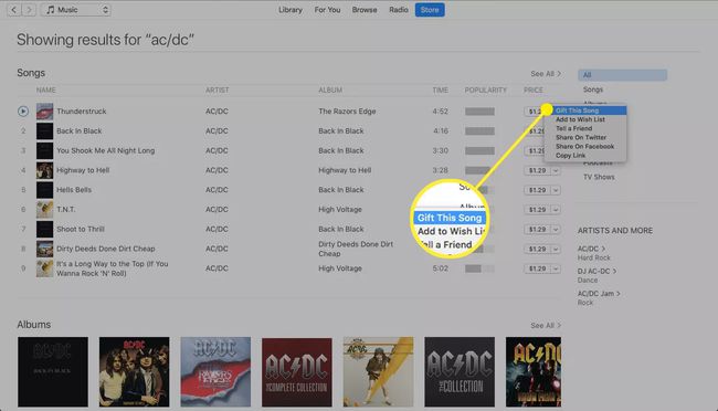 iTunes Music Store'da " Bu Şarkıyı Hediye Et" seçeneğinin vurgulandığı bir şarkı menüsü