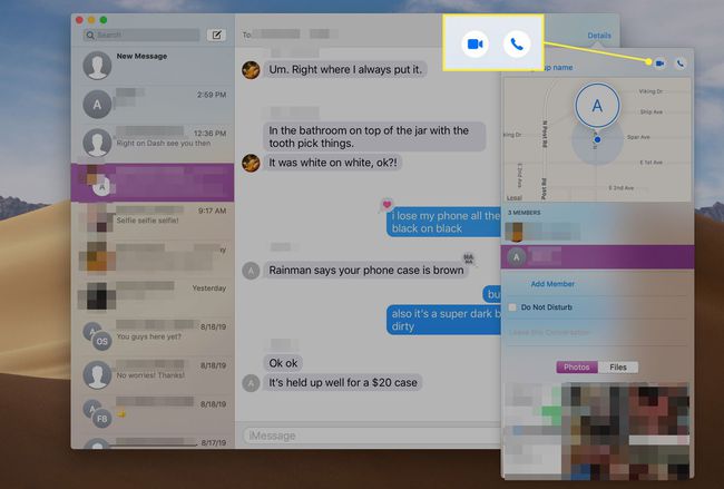 L'app Messaggi per macOS con i pulsanti di chiamata nella schermata Dettagli evidenziati