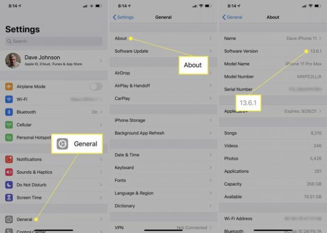 [設定]でiOSのバージョンを確認するための手順。