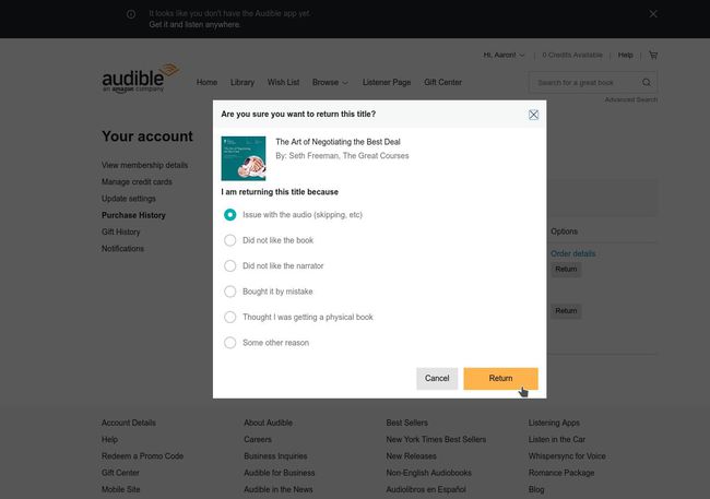 Während Audible nach einem Grund fragt, können Sie jederzeit eine Rückgabe vornehmen