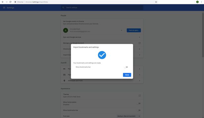 Google Chrome con la ventana de configuración y marcadores de importación mostrada