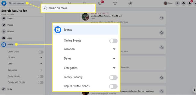 Facebook-sökning - filtrera efter evenemang