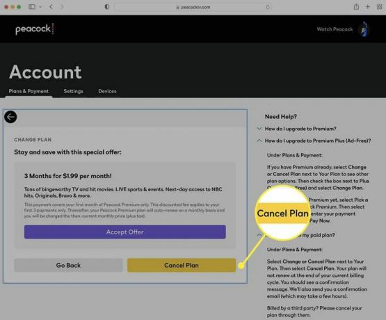 Web ブラウザ経由の Peacock のアカウント設定で [プランのキャンセル] ボタンが強調表示されます。