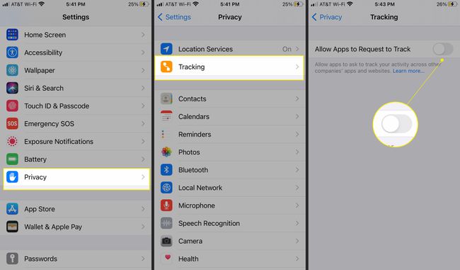 Configurações do iPhone com privacidade, rastreamento e desativação do rastreamento de atividades de aplicativos em destaque