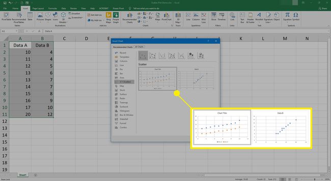 Pasirinkite, kokius duomenis naudoti sklaidos diagramoje programoje „Excel“.