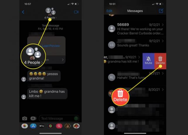 Capturas de tela mostrando como excluir uma mensagem de grupo no iPhone.