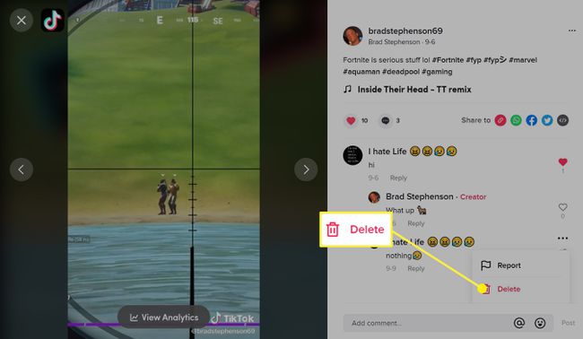 Možnost brisanja komentarja v TikToku na spletu.