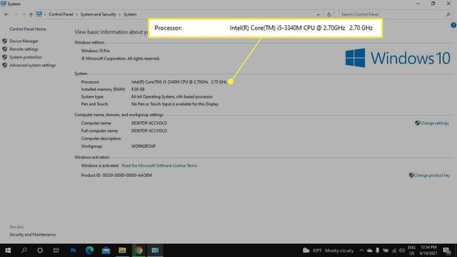 Processore evidenziato nelle Impostazioni di sistema del pannello di controllo di Windows 10