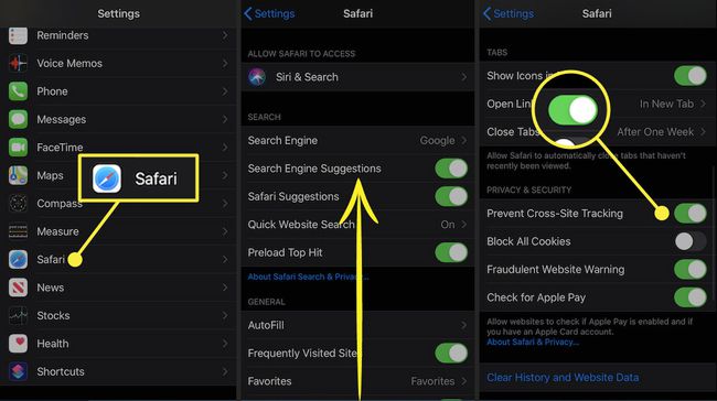 SafariとPreventCross-SiteTrackingスイッチを強調表示したiPhone設定