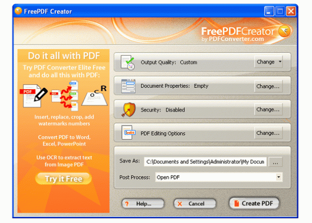 Snímek obrazovky FreePDF Creator ve Windows XP