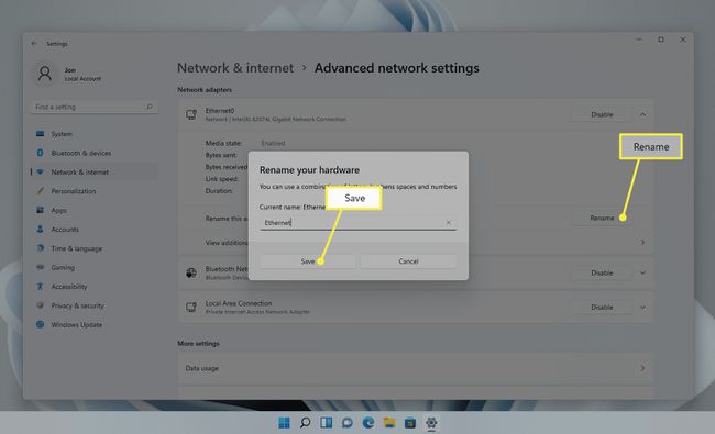 Windows 11 고급 네트워크 설정에서 강조 표시된 이름 바꾸기 및 저장