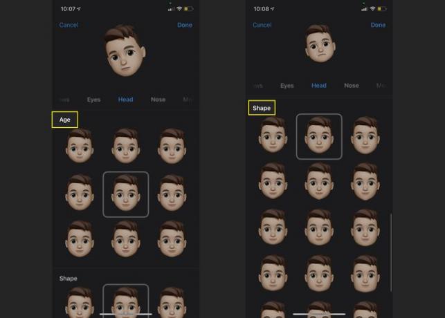 Opções de idade e formato da cabeça em Memoji