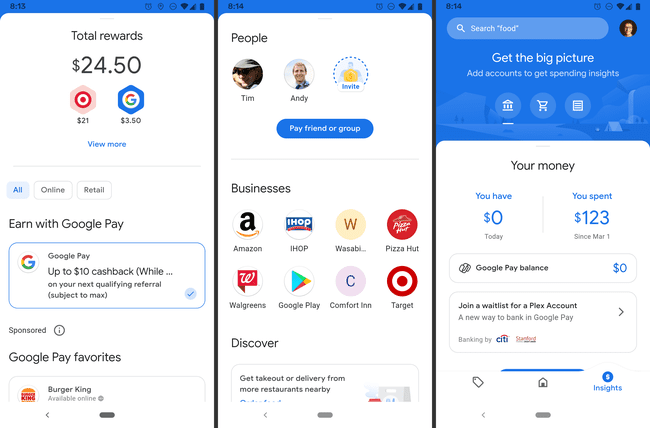 Android ऐप पर Google Pay पुरस्कार, व्यवसाय और धन स्क्रीन