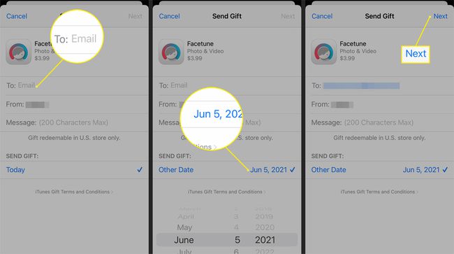 Empfänger-, Absender- und Datumsfelder in der Oberfläche der Send Gift App auf iOS