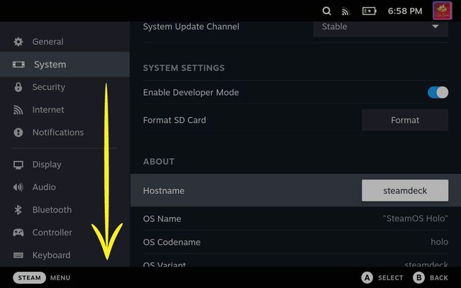 Seta para baixo no menu à esquerda nas configurações do Steam Deck