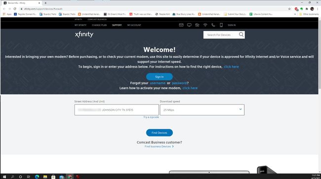 Captura de pantalla de la página de mi dispositivo de xfinity