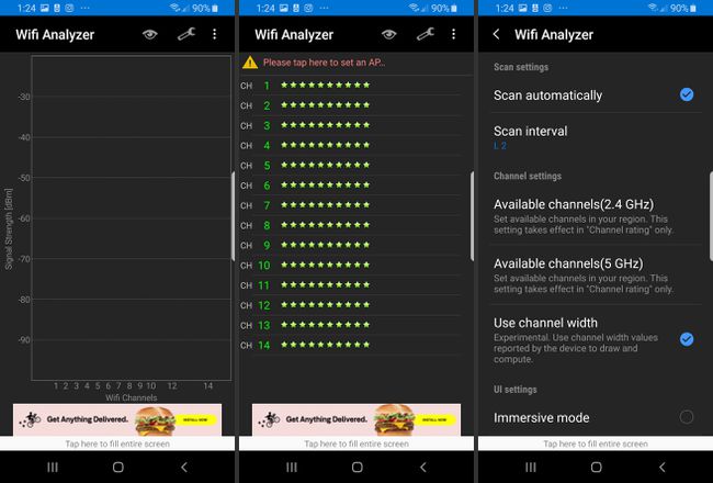 Tres pantallas de Android para la aplicación Wifi Analyzer