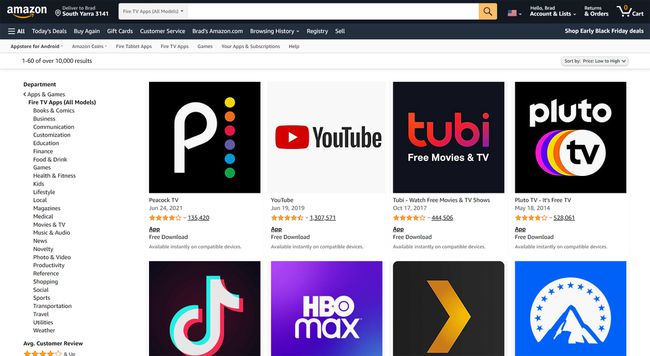 Amazon vietnes Fire TV Apps direktorijs.