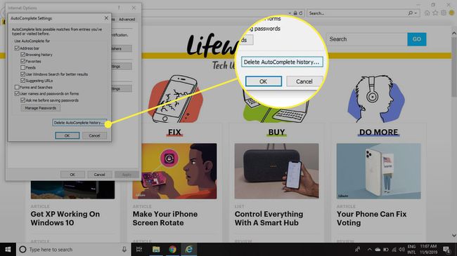 Configuración de Autocompletar de IE con el botón Eliminar historial de Autocompletar resaltado