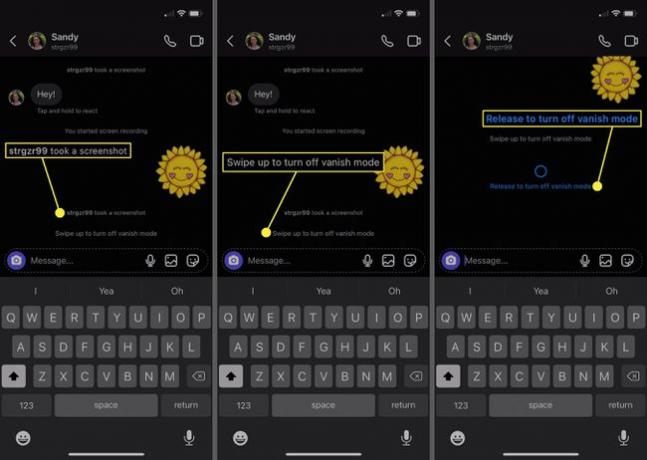 Обавештење о снимку екрана, превуците нагоре да бисте искључили режим нестајања и отпустите да бисте искључили поруку режима нестанка у апликацији Инстаграм