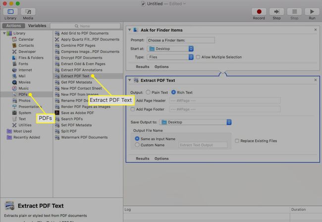 تطبيق Automator لنظام التشغيل Mac مع تمييز Extract PDF Text