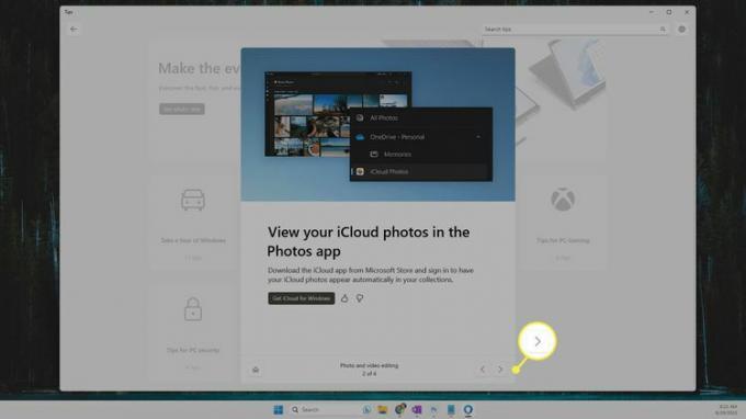 Windows 11의 팁 앱을 진행하기 위해 강조 표시된 오른쪽 화살표.