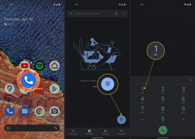 Android-telefoon met telefoonpictogram, toetsenblokpictogram en het nummer 1 gemarkeerd