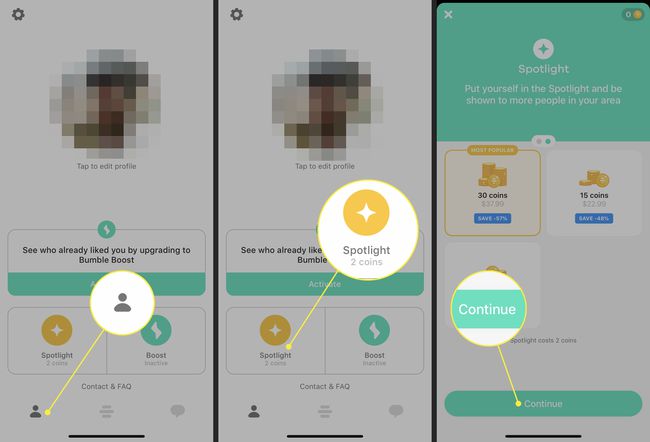 Екранни снимки на приложението Bumble, показващи как да закупите монети за Spotlight