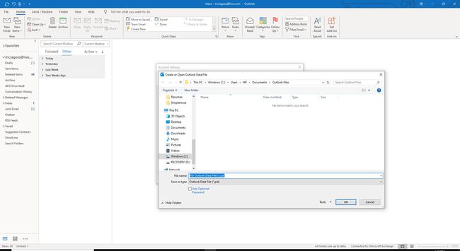 Captura de tela de criar ou abrir arquivo de dados do Outlook