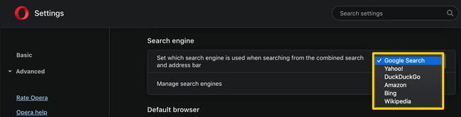 macOSのOpera検索エンジンオプション。