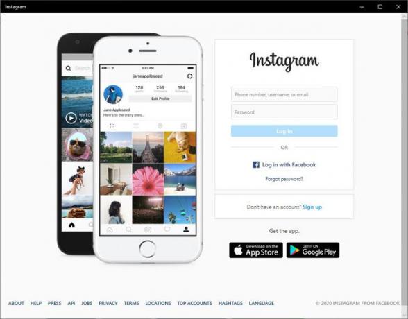 Экран входа в приложение Instagram для Windows 10