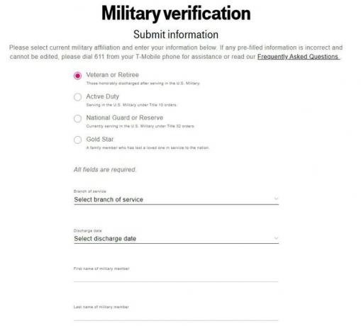 Страницата за военна проверка за T-Mobile.