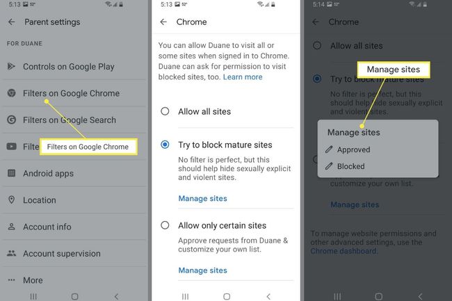 Filtros en Google Chrome y opciones para administrar sitios en la aplicación Google Family Link. 