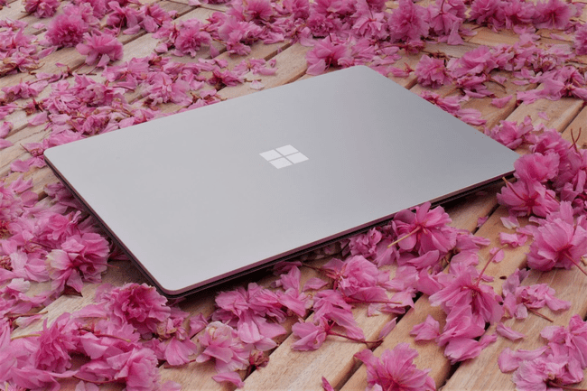 Surface Laptop 4 fermé sur un lit de fleurs