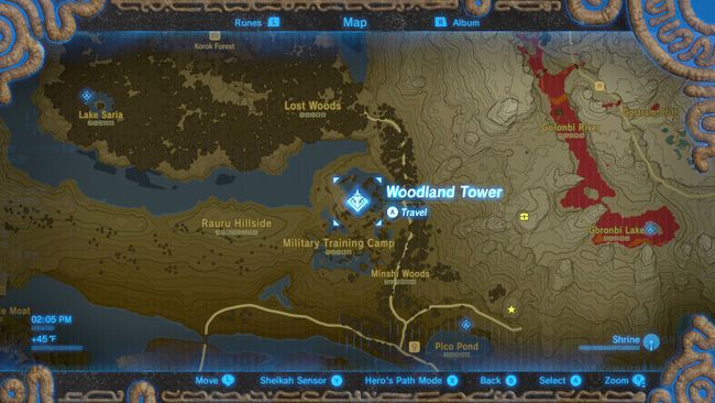 Woodland Tower-ის მდებარეობა ხაზგასმულია რუკაზე The Legend of Zelda: Breath of the Wild.
