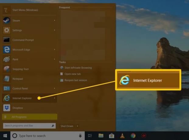Дугме Интернет Екплорер у менију Старт Виндовс 10