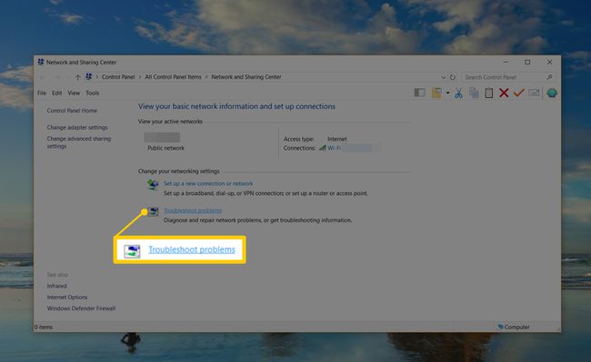 Ventana de resolución de problemas en Networkd and Sharing Center para Windows 10