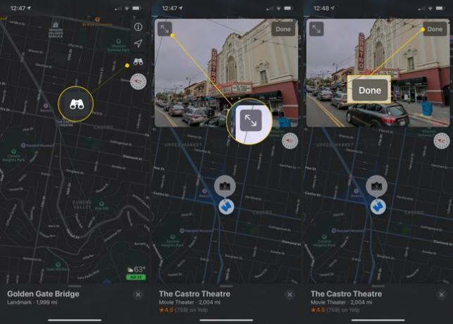 Ícone de binóculos, botão Expandir, botão Concluído no Apple Maps Look Around