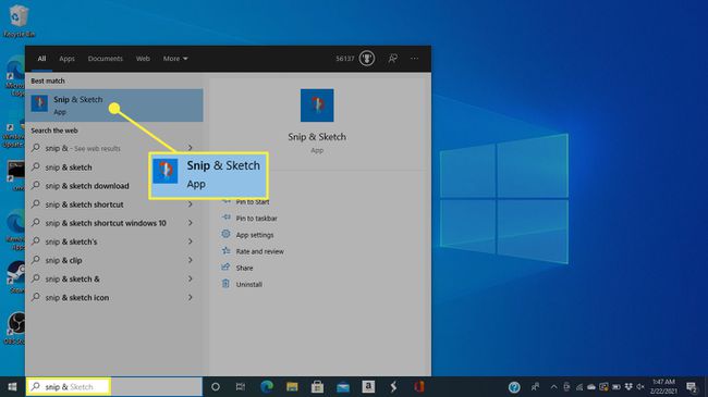 Snip & Sketch u pretraživanju sustava Windows 10