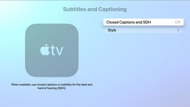 สกรีนช็อตของการตั้งค่า Apple TV สำหรับ Closed Captioning และ SDH ถูกปิด