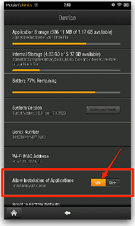 لقطة شاشة لصفحة جهاز Kindle Fire مع خيار للسماح بتثبيت تطبيق طرف ثالث