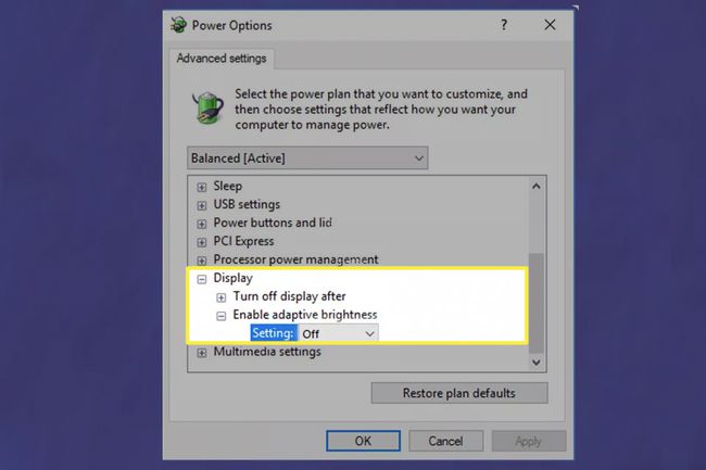 Ustawienia zaawansowane Opcje zasilania wyświetlacza w systemie Windows 10.