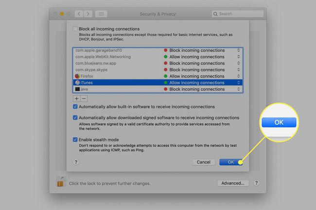 macOS Firewall-ის პარამეტრები მონიშნულია OK ღილაკით