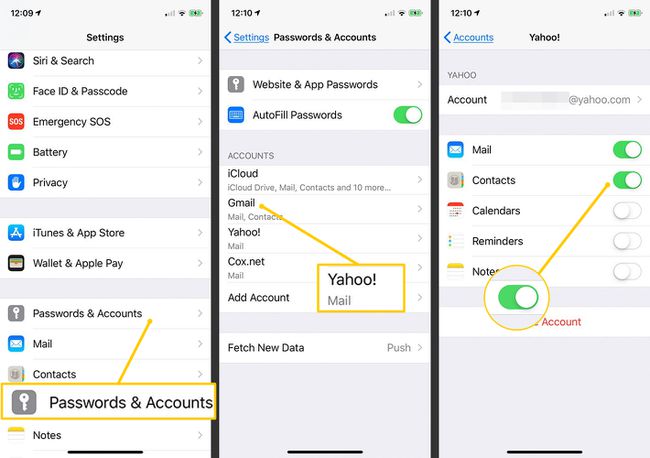 Senhas e contas, Yahoo!, Contatos alternam para ATIVADO