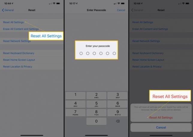 3つのiOS画面で、すべての設定をリセットし、パスコードを入力し、すべての設定をリセットします