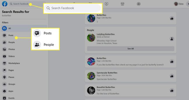 Facebooks sökfält - filtrera efter inlägg och personer