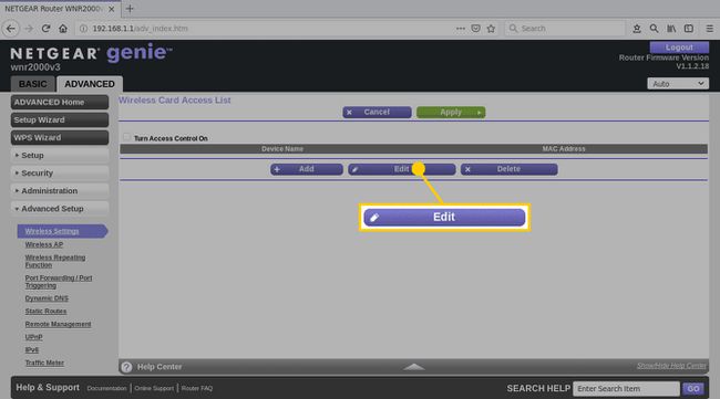 Página de interfaz de usuario web de Netgear genie para configuraciones inalámbricas avanzadas en el navegador Firefox