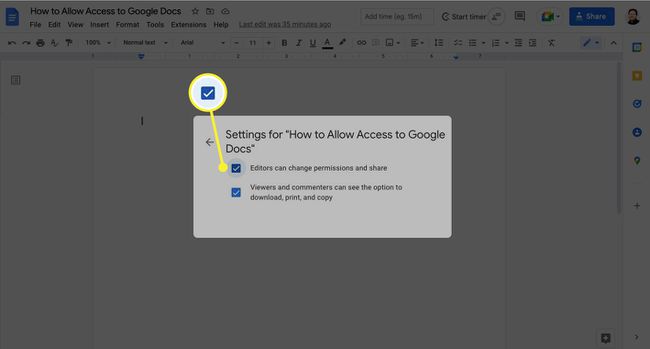 ช่องทำเครื่องหมายในการอนุญาตผู้ทำงานร่วมกันขั้นสูงใน Google เอกสาร