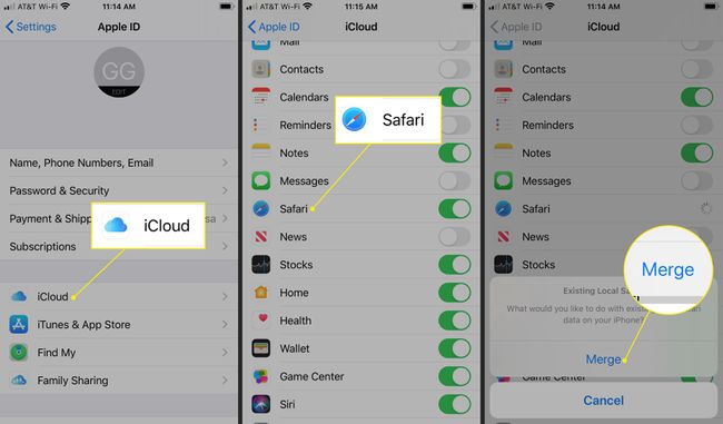 Configuración de iOS con iCloud, Safari y los botones Fusionar resaltados